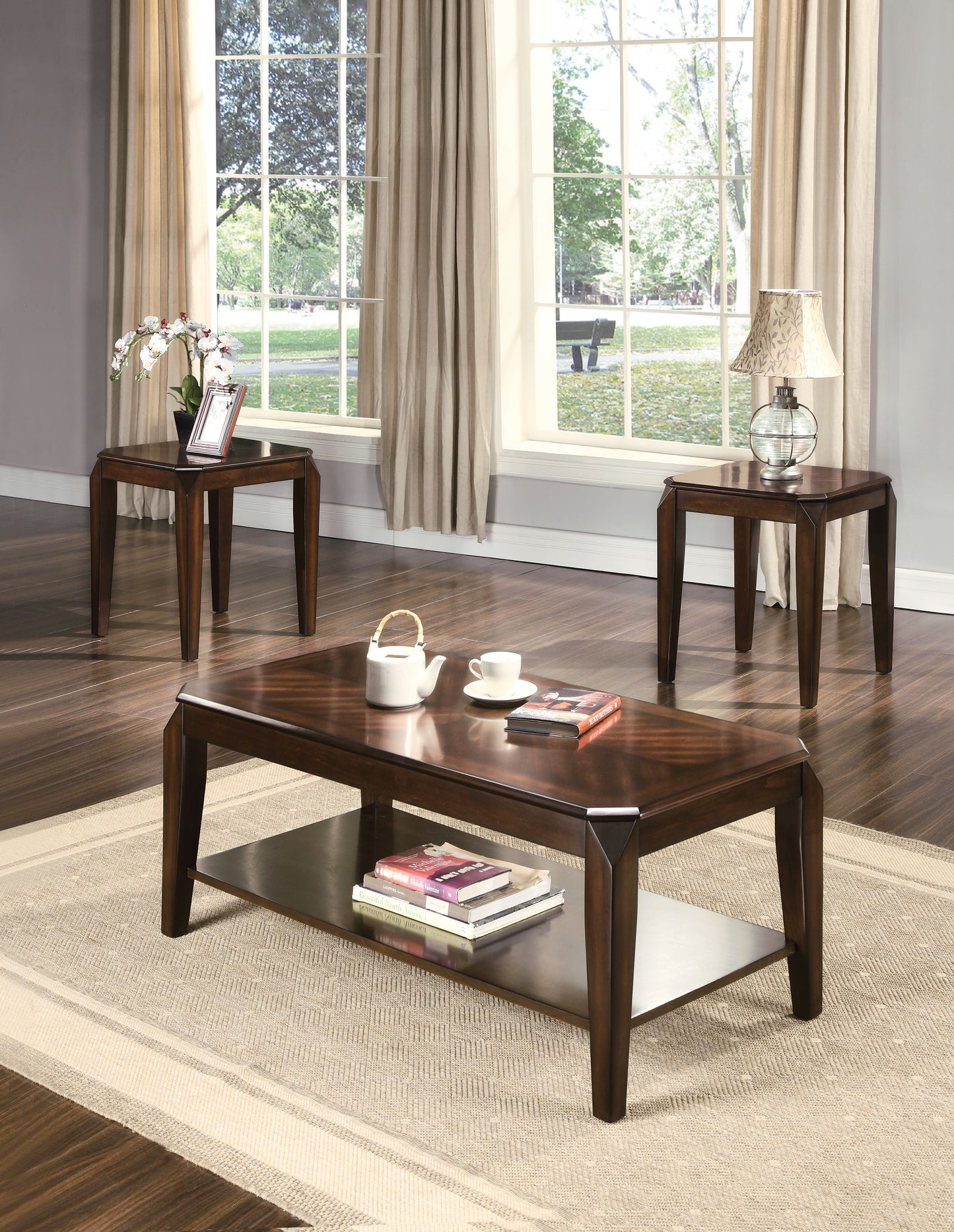 Walnut 3-Piece Coffee Table Set with 2 End Tables