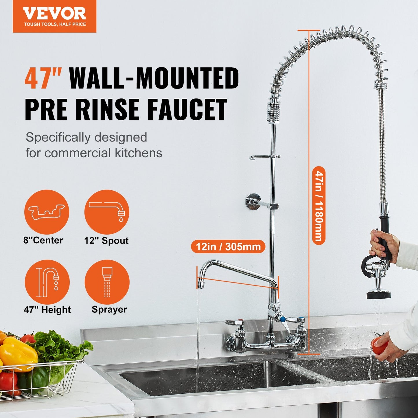 Wall-Mounted Commercial Kitchen Faucet with Pre-Rinse Sprayer