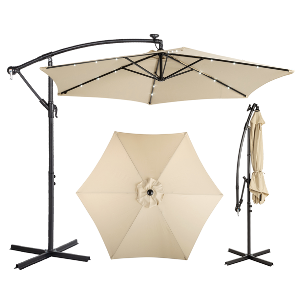 10FT Round Patio Hanging Umbrella with LED Lights - Khaki