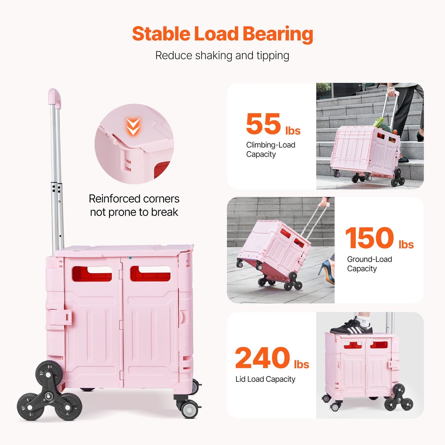 Foldable Stair Climbing Cart 65L with Pink Wheels - Collapsible Rolling Crate for Garden & Household