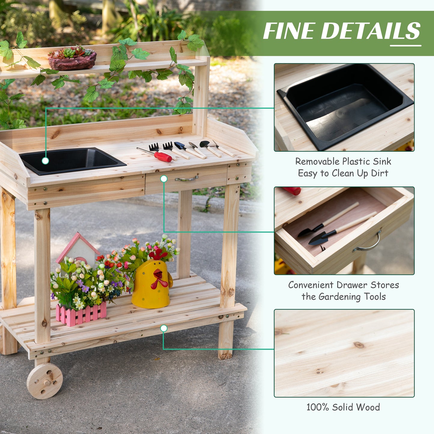 36-Inch Wooden Potting Bench Work Table with Removable Sink & Wheels
