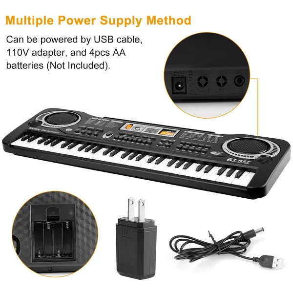 61-Key Digital Electronic Keyboard for Kids - Black Piano Toy