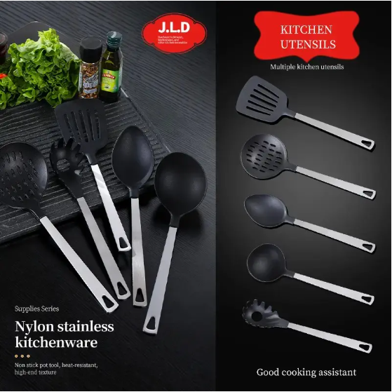 Premium 5-Piece Cooking Utensil Set - Stainless Steel & Nylon, Black