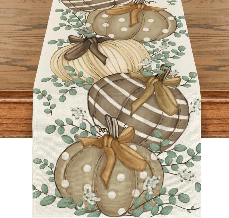 Pumpkin Eucalyptus Leaf Polyester Table Flag for Festive Home Decor
