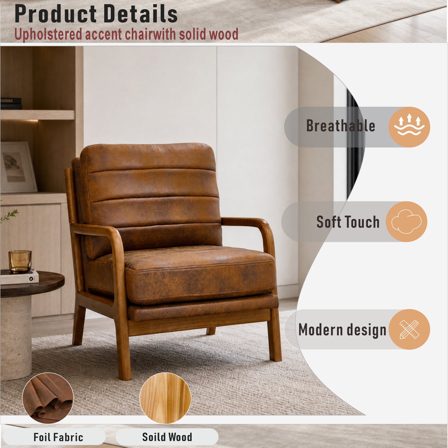 Mid-Century Modern Wood Armchair with Foil Fabric - Light Brown