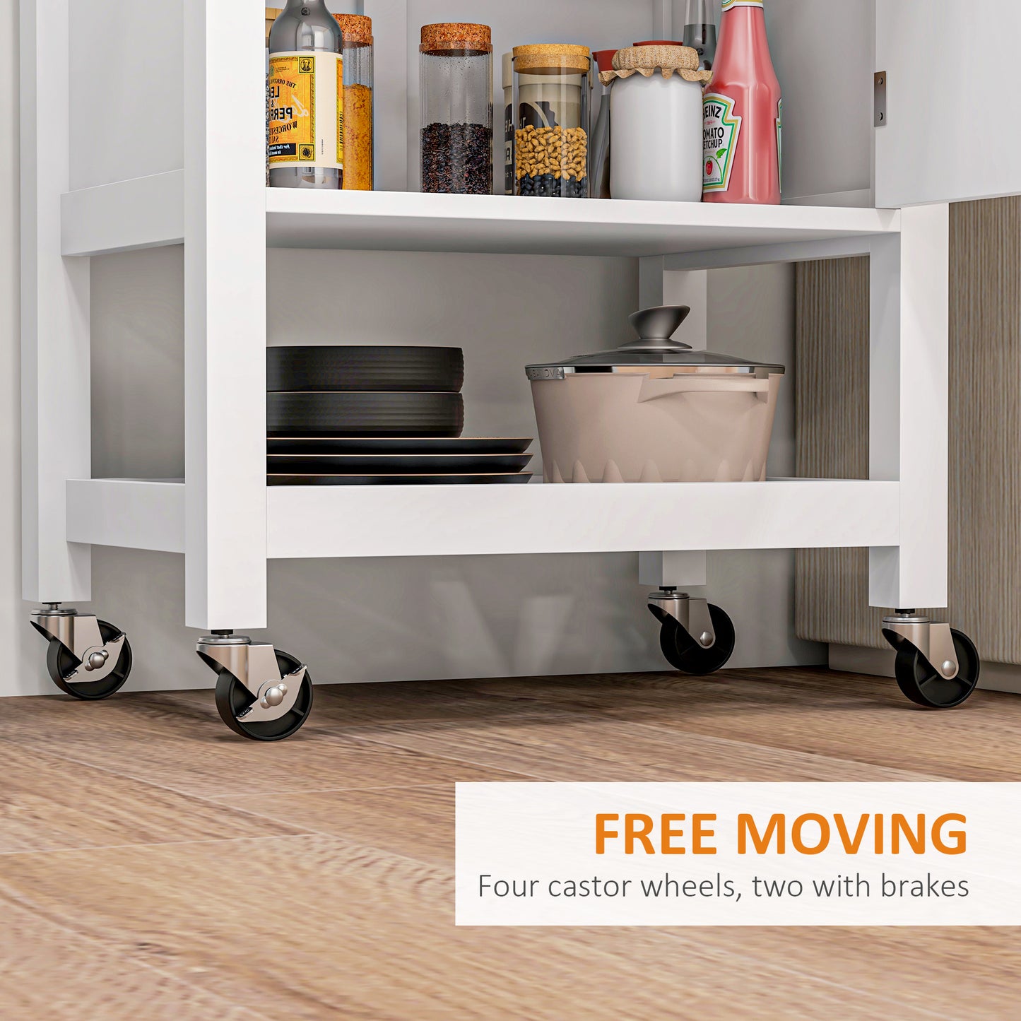Rolling Kitchen Cart with Rubberwood Top, Drawer, and Wine Rack - White