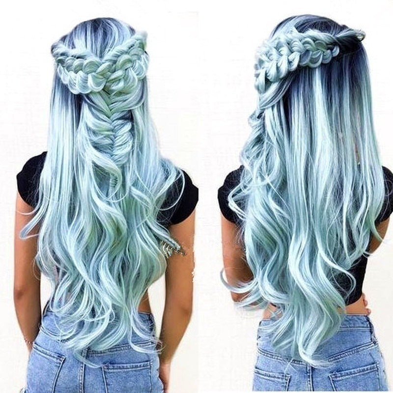 Black Mint Green Synthetic Wig - Long Curled Split Fiber Hair Extension