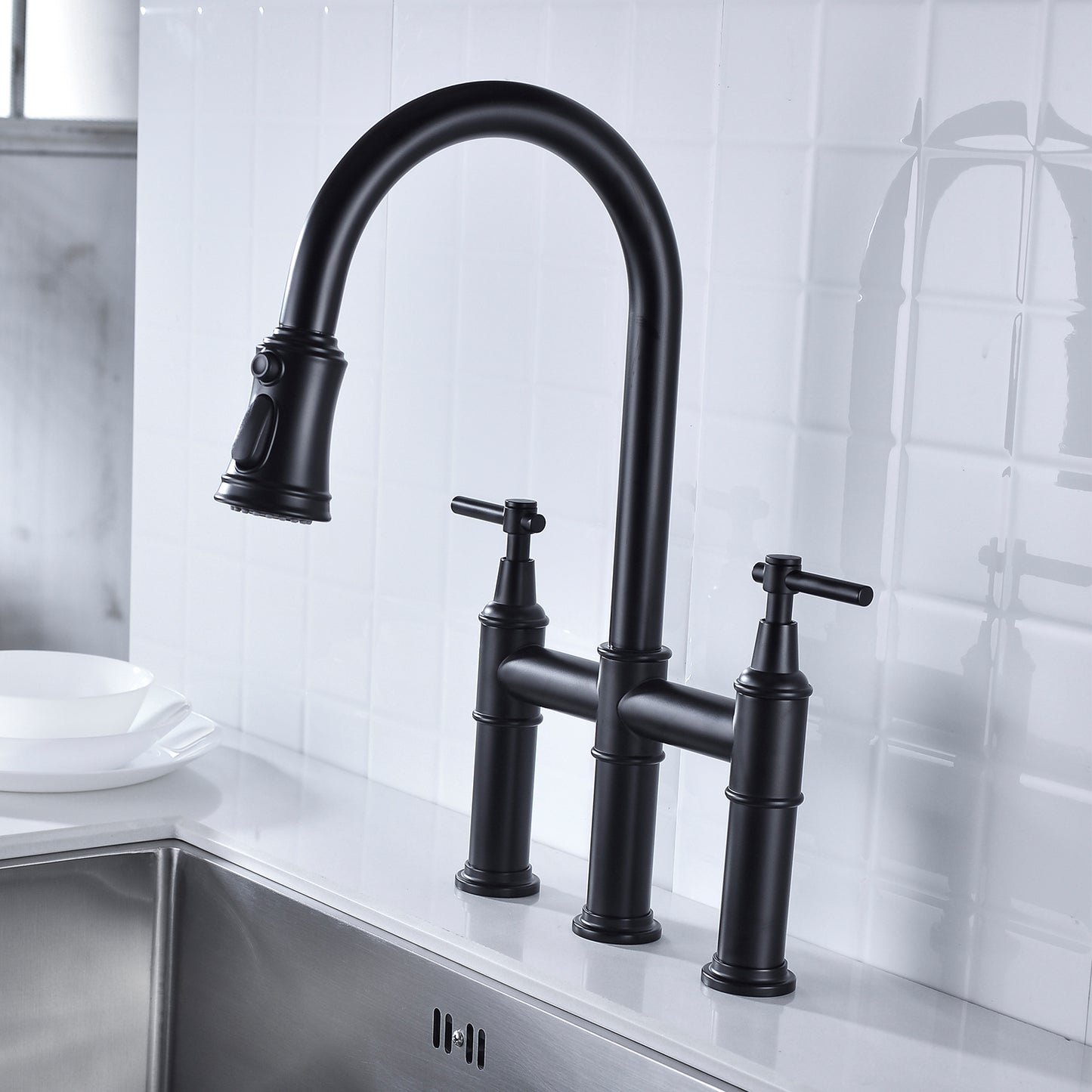 Pull Down Kitchen Faucet with Dual Handle - Matte Black