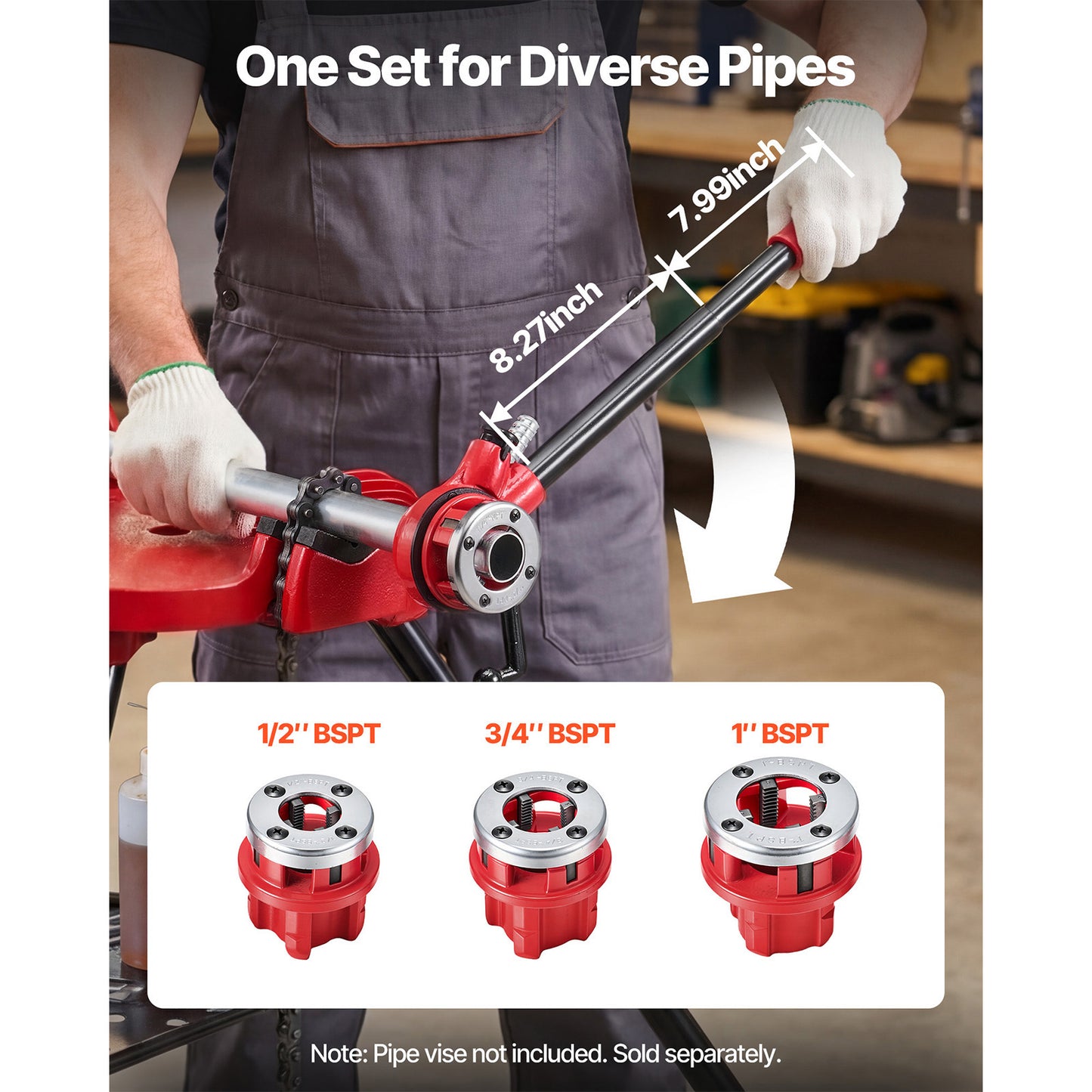 Pipe Threader Kit with 3 Dies 1/2, 3/4, 1 Inch BSPT Manual Plumbing Tool Set