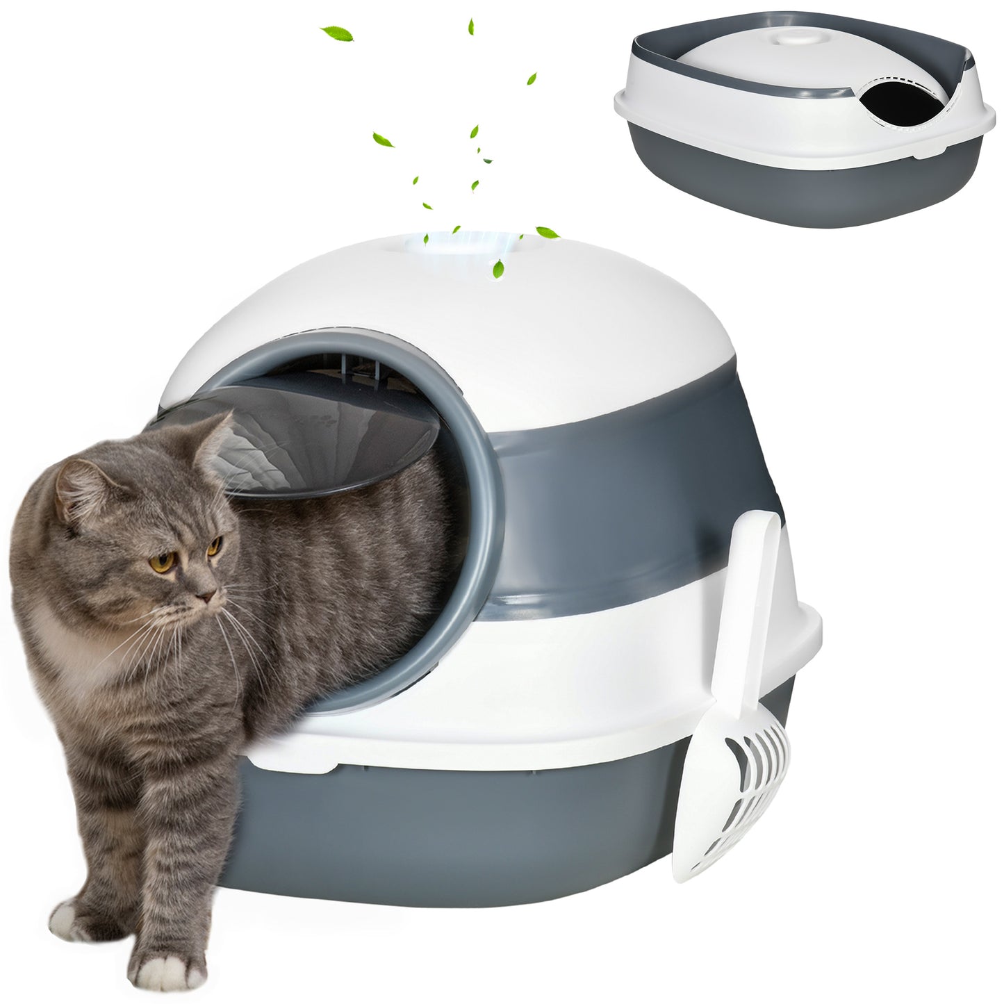 White Dome Covered Cat Litter Box with Lid and Litter Gate