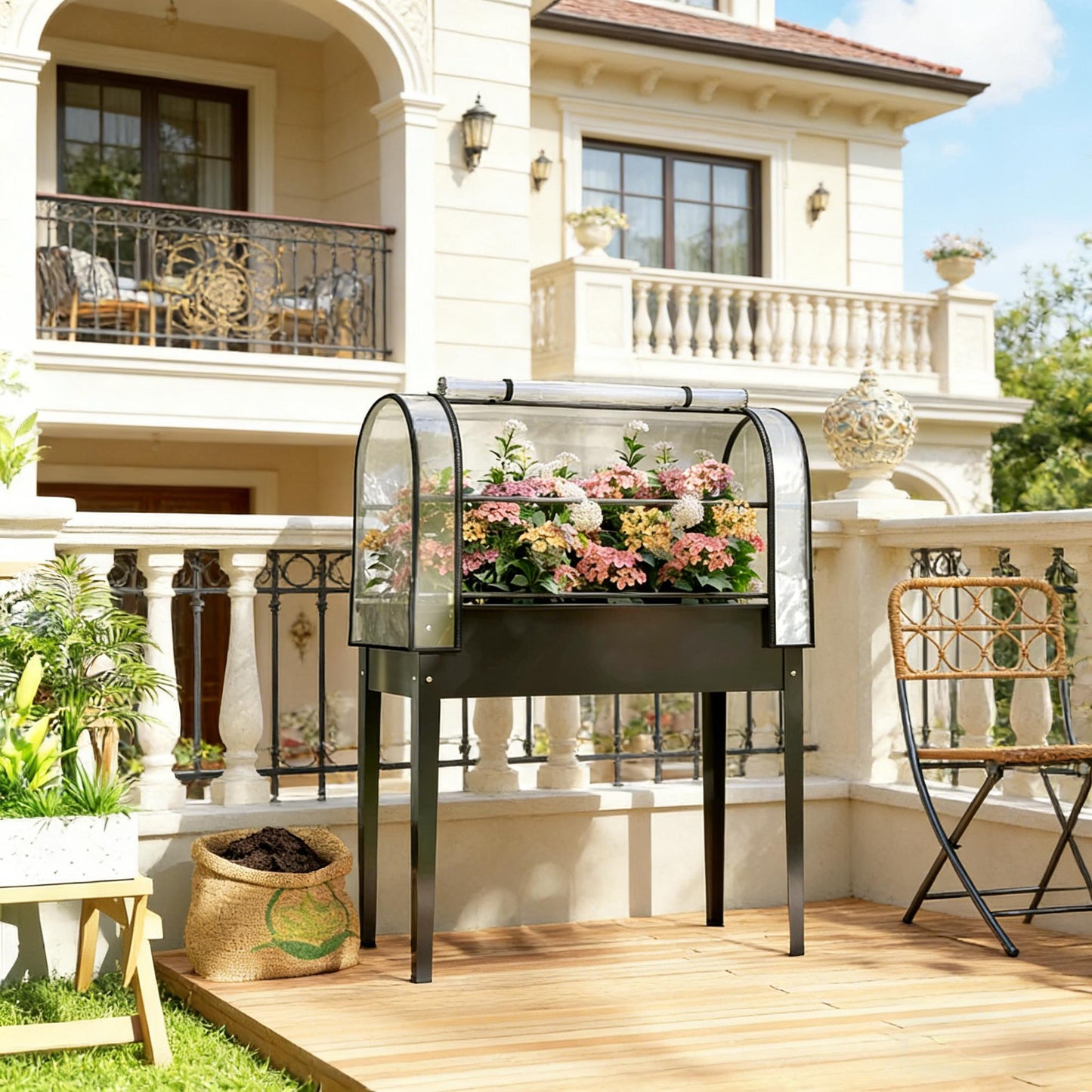 Raised Garden Bed with Mini Greenhouse - Black Planter Box