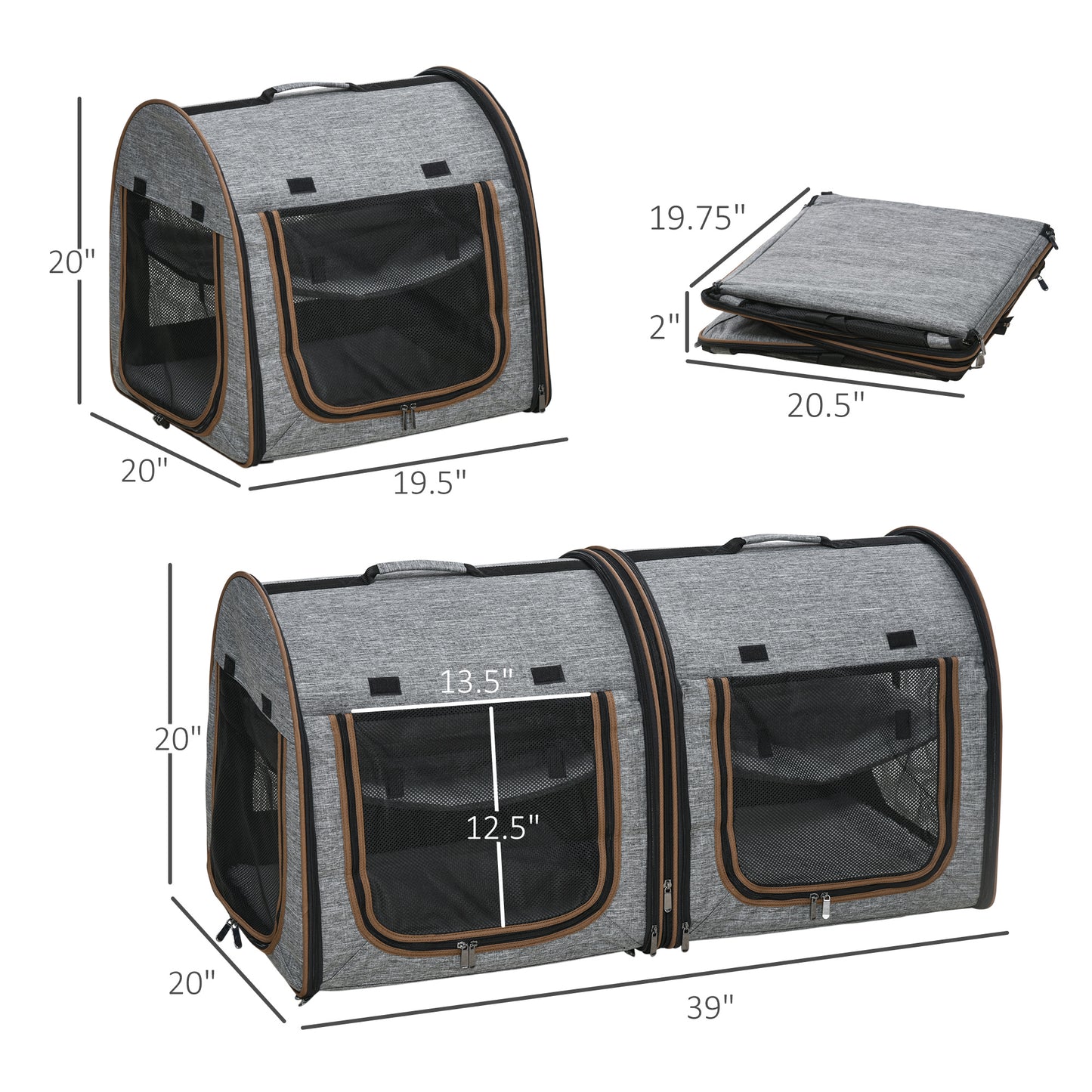 Portable Soft-Sided Cat Carrier with Divider and Storage Bag - Grey