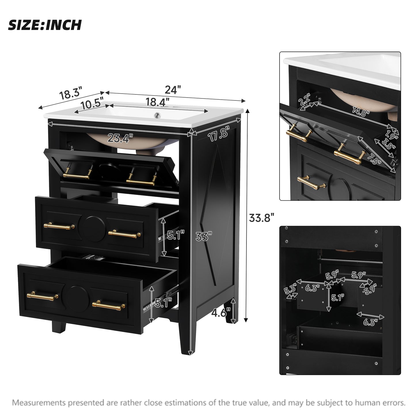 24'' Bathroom Vanity with Ceramic Sink - Black, 3 Drawers