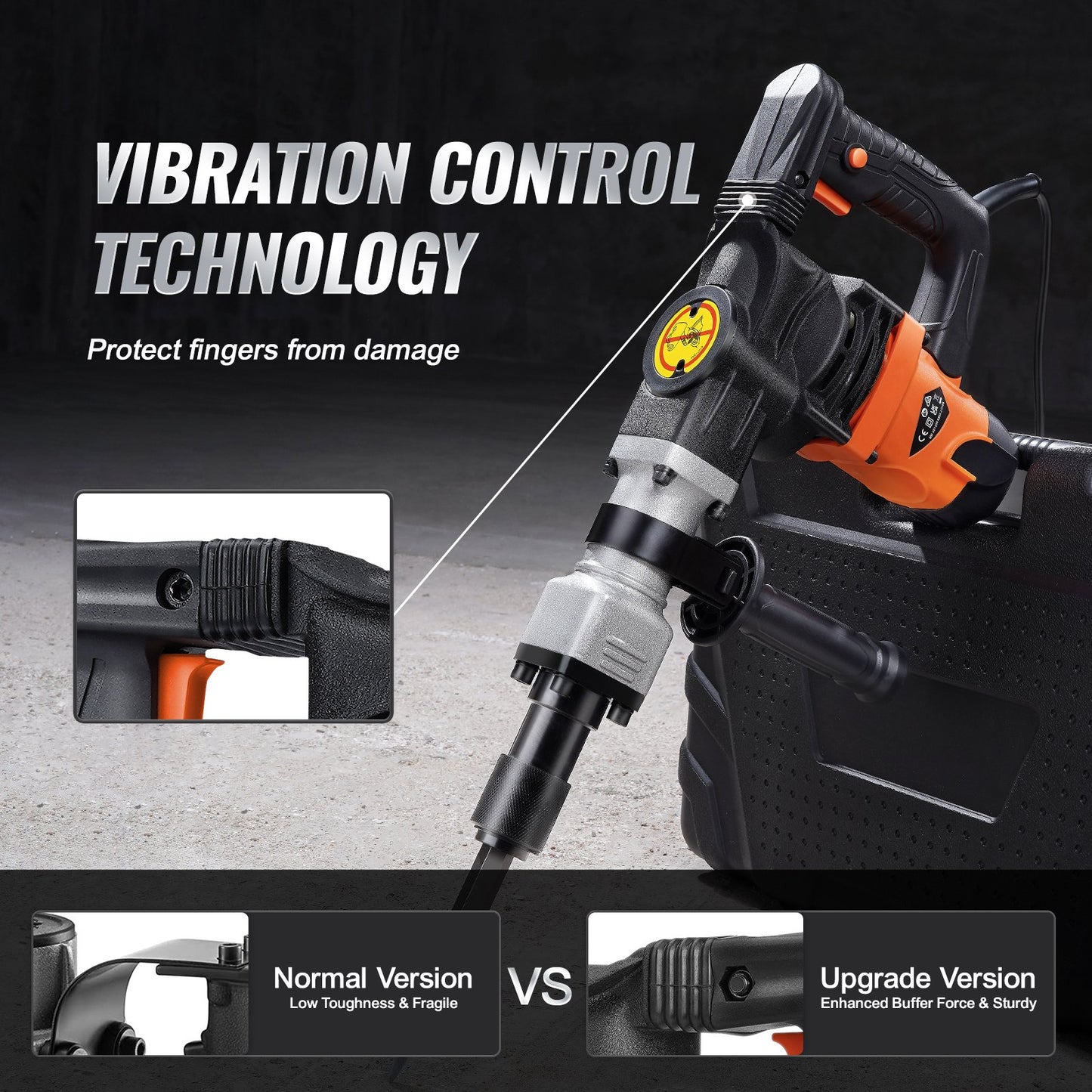 Electric Demolition Hammer 1400W Concrete Breaker with 2 Chisels - Orange