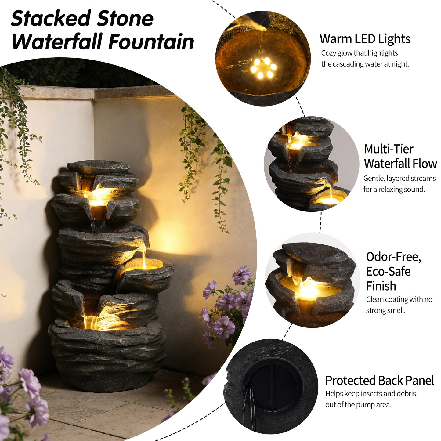 Outdoor Waterfall Fountain with Lights - Cascading Rock Design for Garden Patio Yard