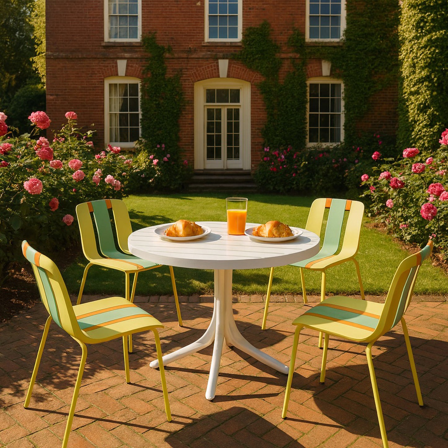 Modern Striped Color Block Chairs Set - 4-Pack with Round Table - Yellow, Orange, Green