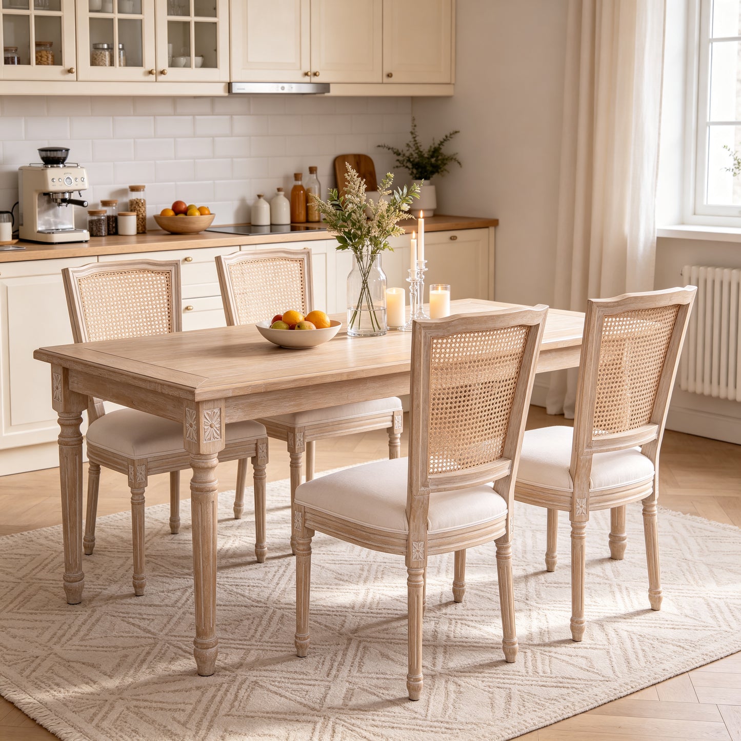 French Country Dining Chairs Set of 2 - Upholstered Rattan Back
