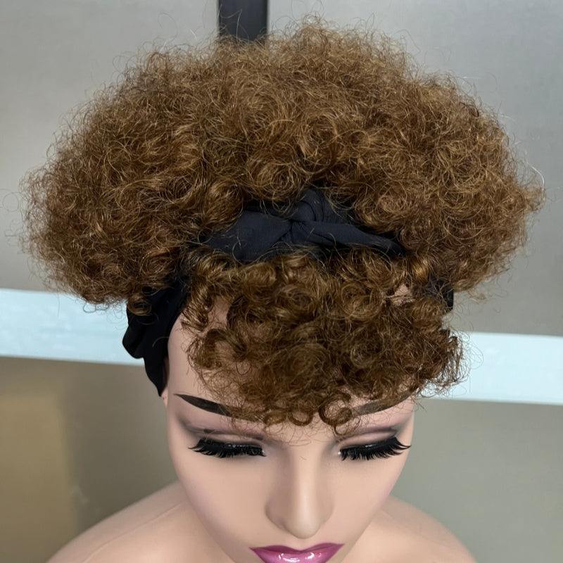 Short Kinky Curly Afro Puff Headband Wig - Natural Brown Glueless Synthetic