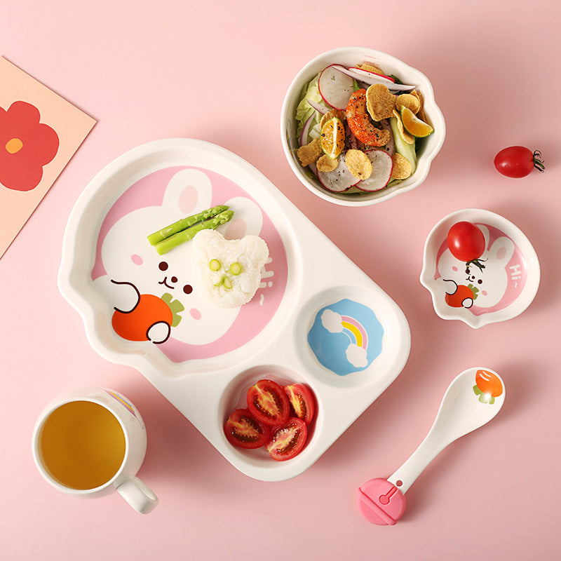Children's Dinnerware Set with Cartoon Rabbit Design - Plates, Bowls, Cups & Utensils, Multiple Pieces