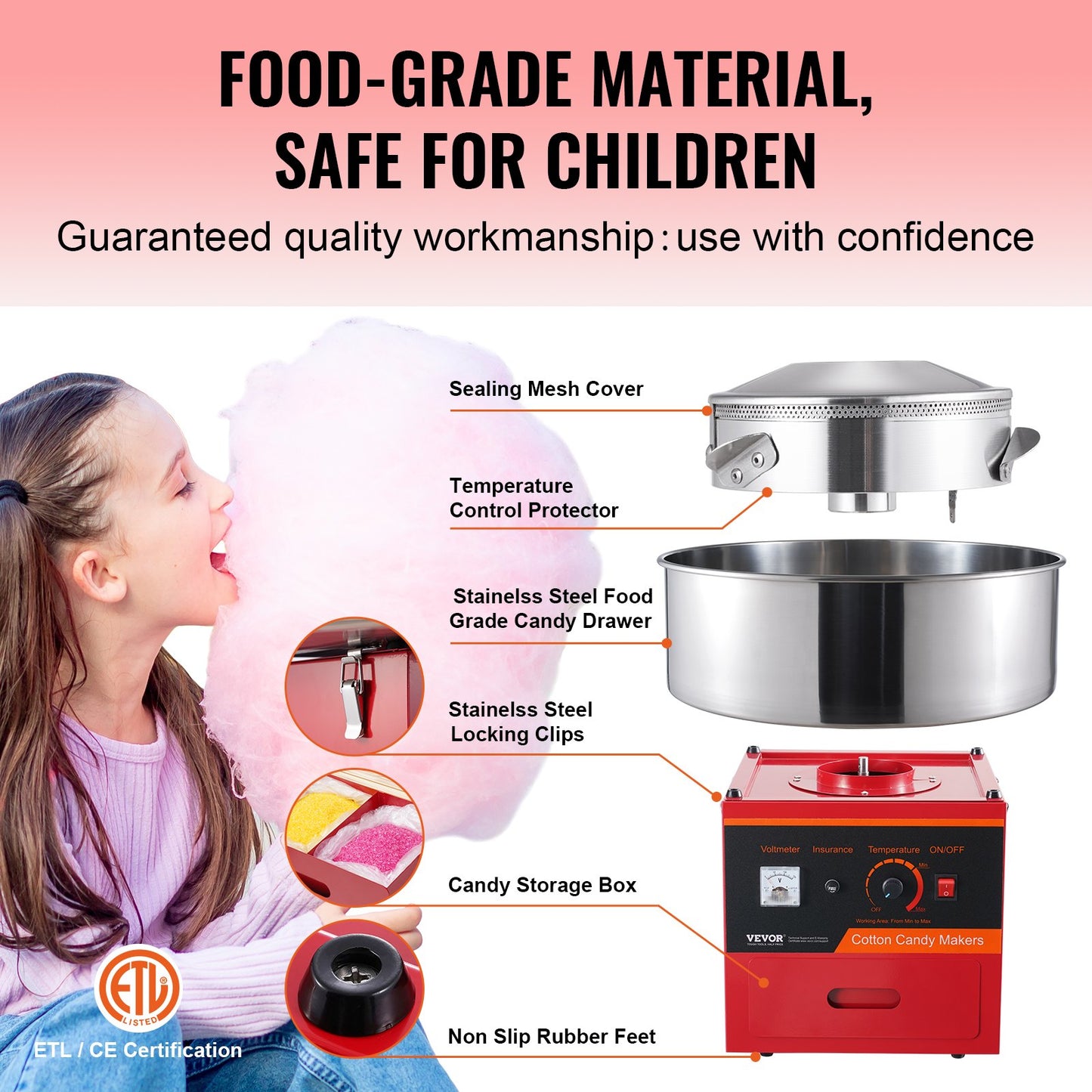 Electric Cotton Candy Machine 1000W Commercial Candy Floss Maker with Stainless Steel Bowl