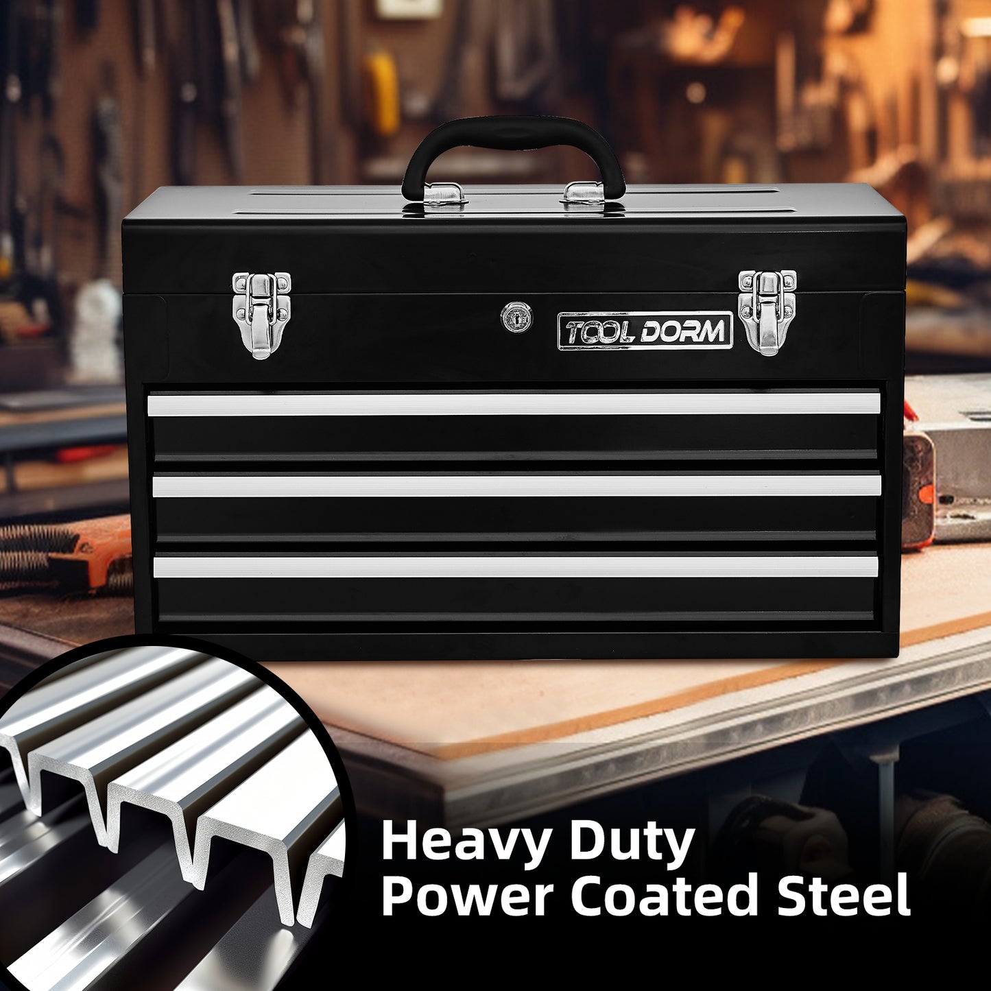 20.3-Inch Metal Tool Box with Drawers, Lockable Steel Chest for Garage and Workshop