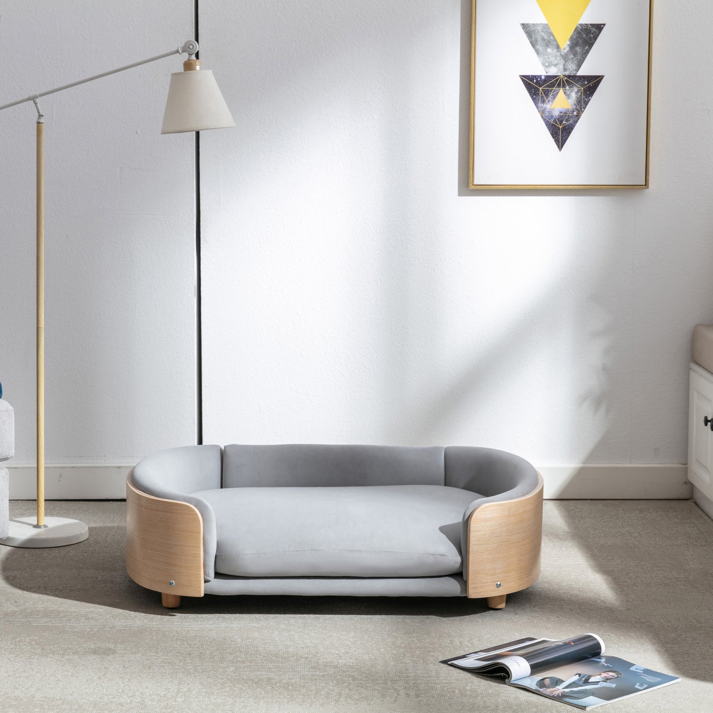 Large Scandinavian Style Elevated Dog Bed with Velvet Cushion and Solid Wood Legs