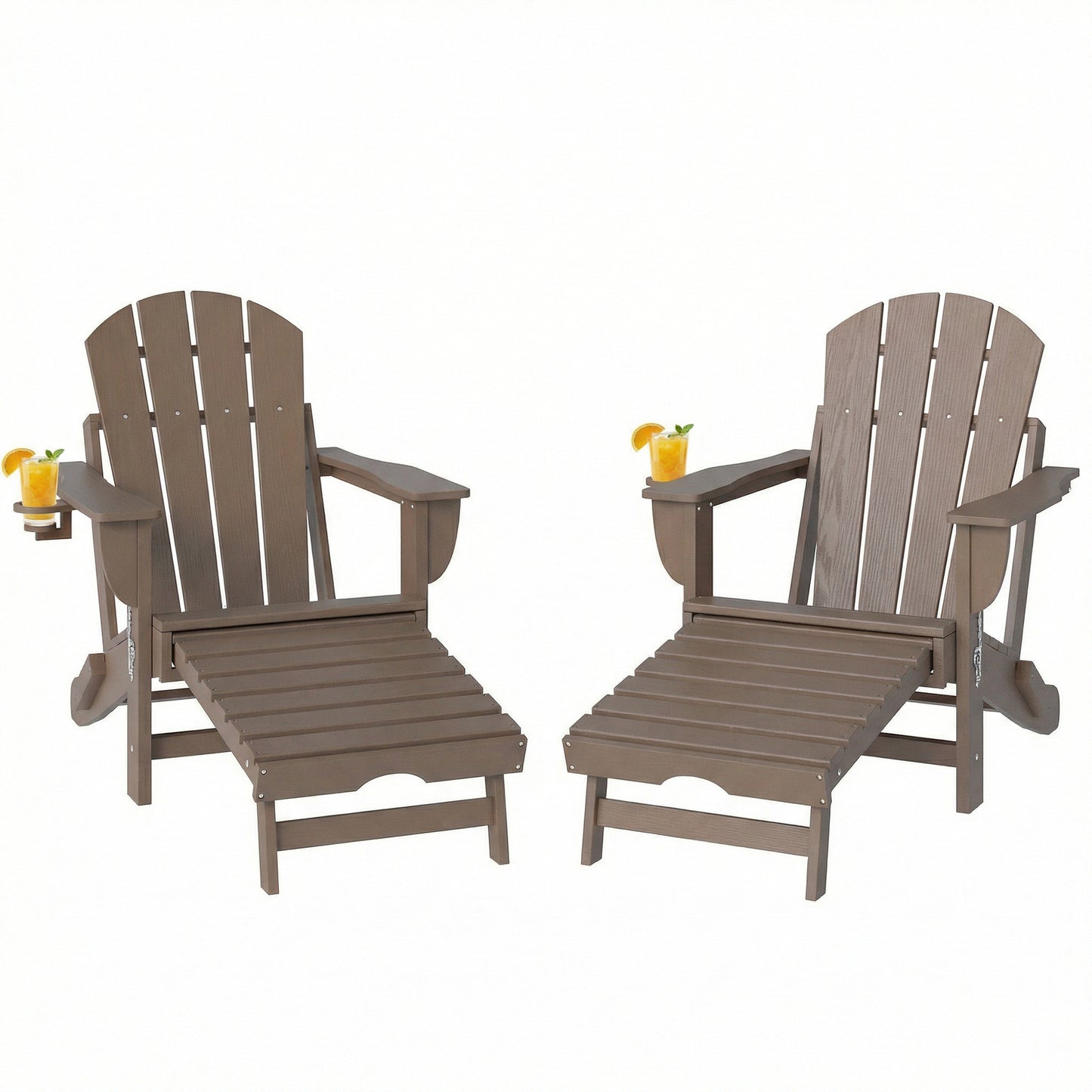 Folding Adirondack Chair Set of 2 - HDPE with Ottoman & Cup Holder, Brown