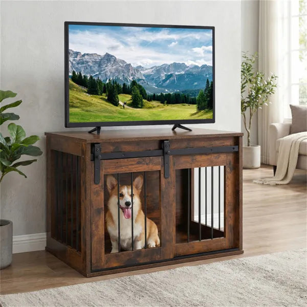 Dog Crate Furniture with Sliding Barn Door - 31.5 Inch Wooden Dog Kennel End Table - Rustic Brown