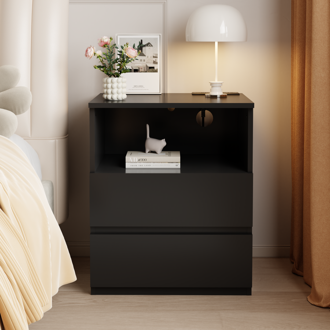 Set of 2 Modern End Tables with USB Charging Station & Drawers - Black