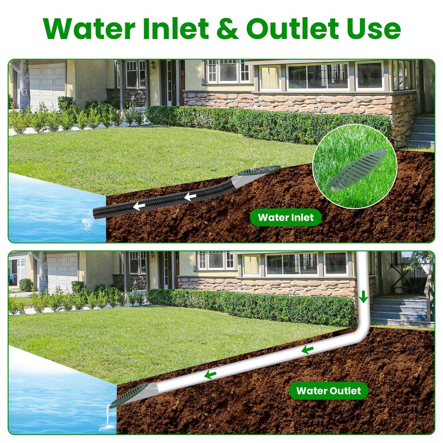 Green 4-Inch Angled Yard Drain Pipe with Sloped Grate for Foundation Drainage