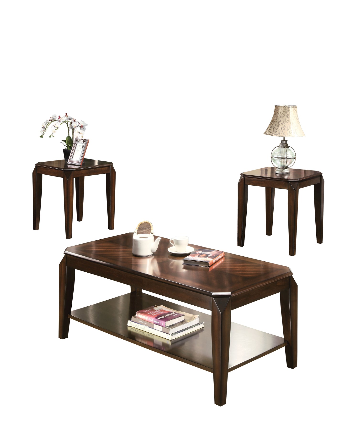 Walnut 3-Piece Coffee Table Set with 2 End Tables