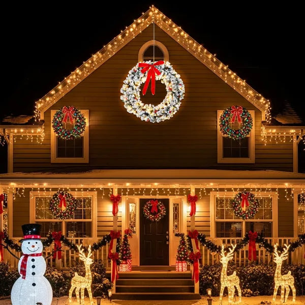 48-Inch Pre-Lit Snow Flocked Christmas Wreath with 150 Lights
