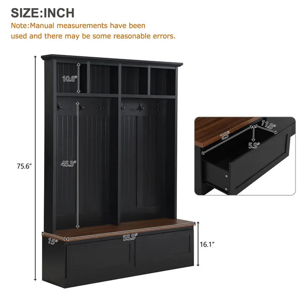 Farmhouse 4-in-1 Hall Tree With Wood Grain Bench, Mudroom Versatile