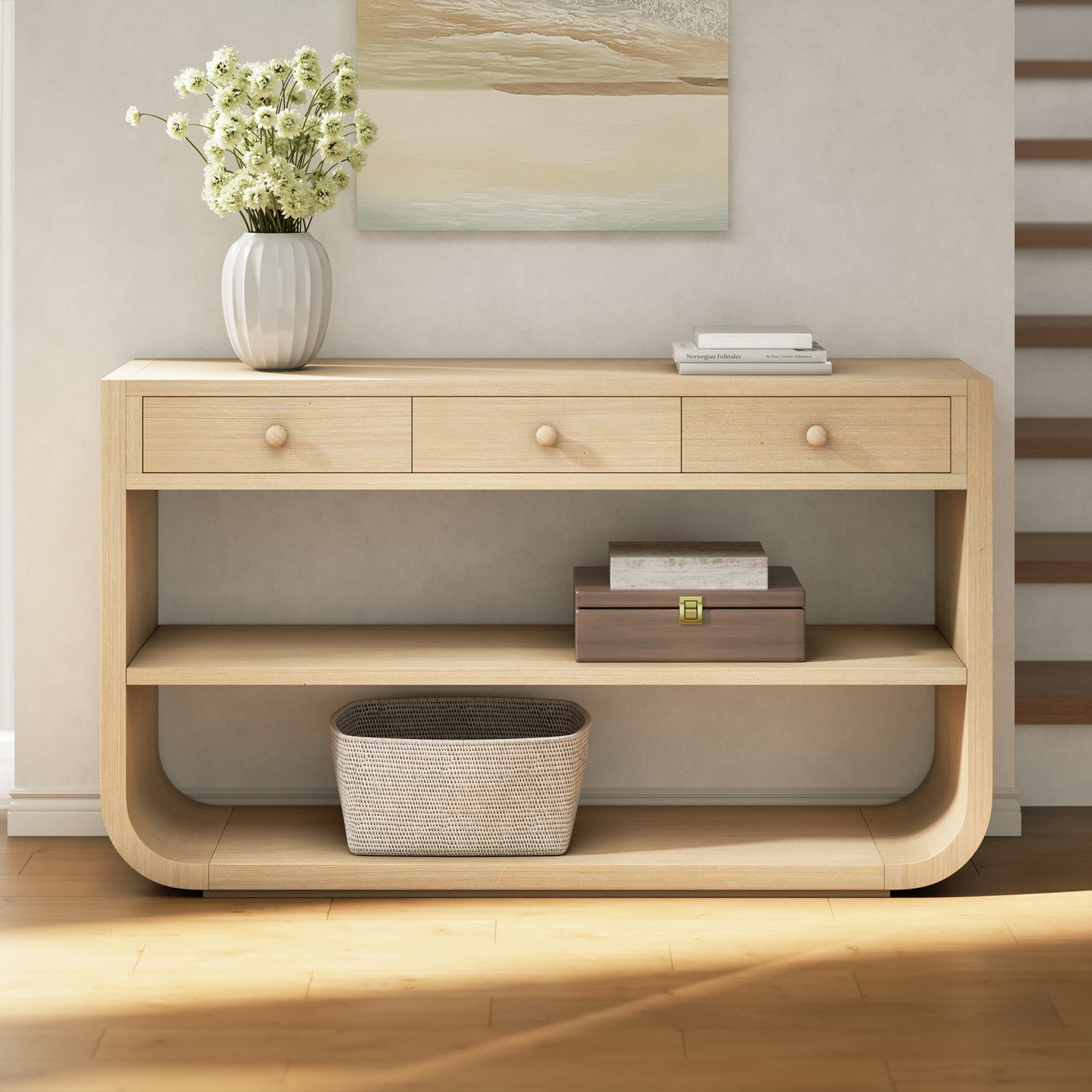 Modern Curved Console Table with 3 Drawers & Open Shelves - Natural