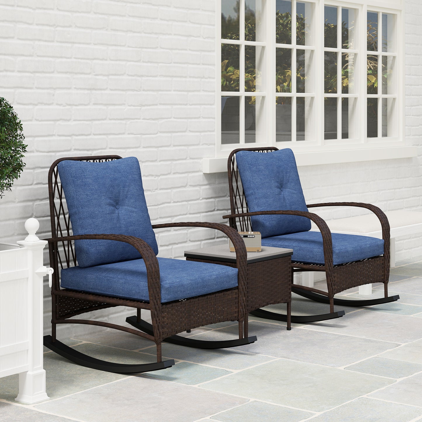 3-Piece Wicker Patio Furniture Set - Brown Rocking Chairs with Table