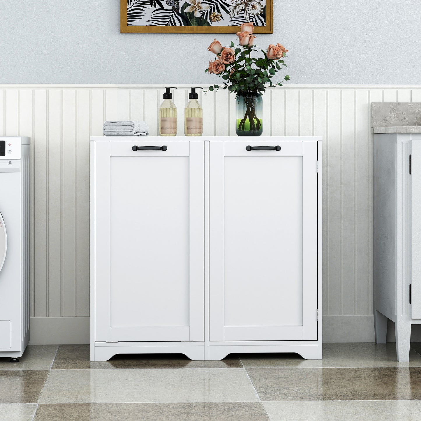 Tilt-Out Laundry Hamper Cabinet with Adjustable Shelf - White
