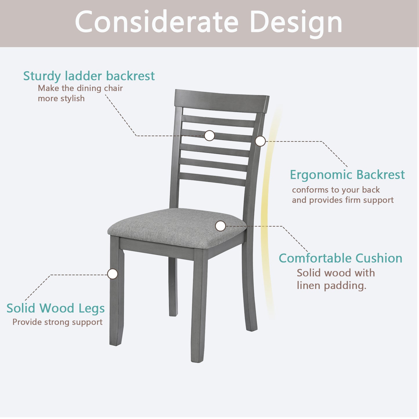 Set of 4 Upholstered Dining Chairs - Gray Wooden Kitchen Chairs
