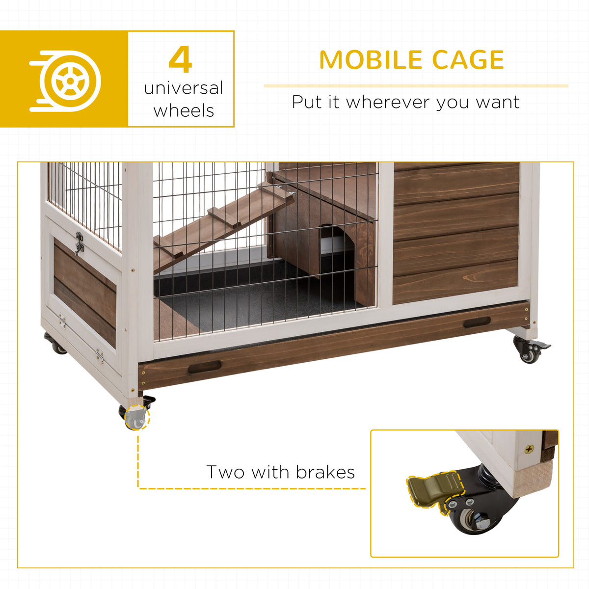 Indoor Rabbit Cage with Wheels & Pull-Out Tray - Small Animal House in Brown