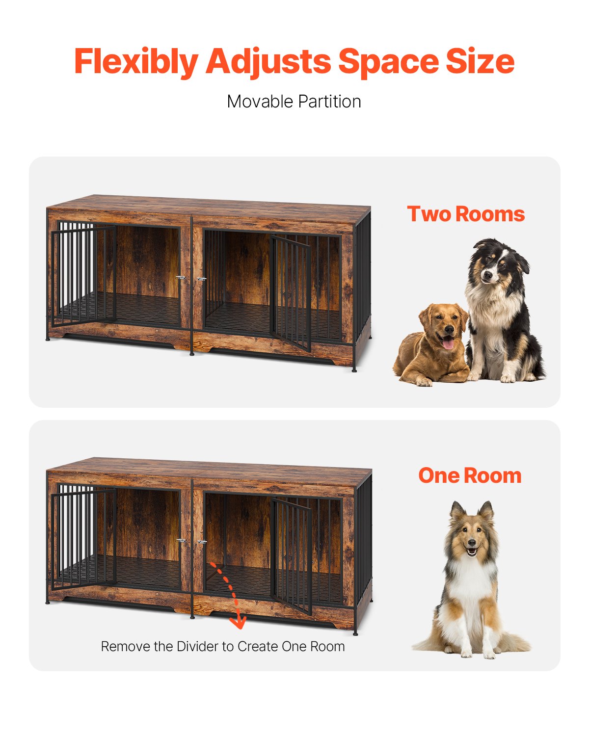 75 Inch Wooden Dog Crate Furniture with Divider & Tray - Indoor Pet Kennel