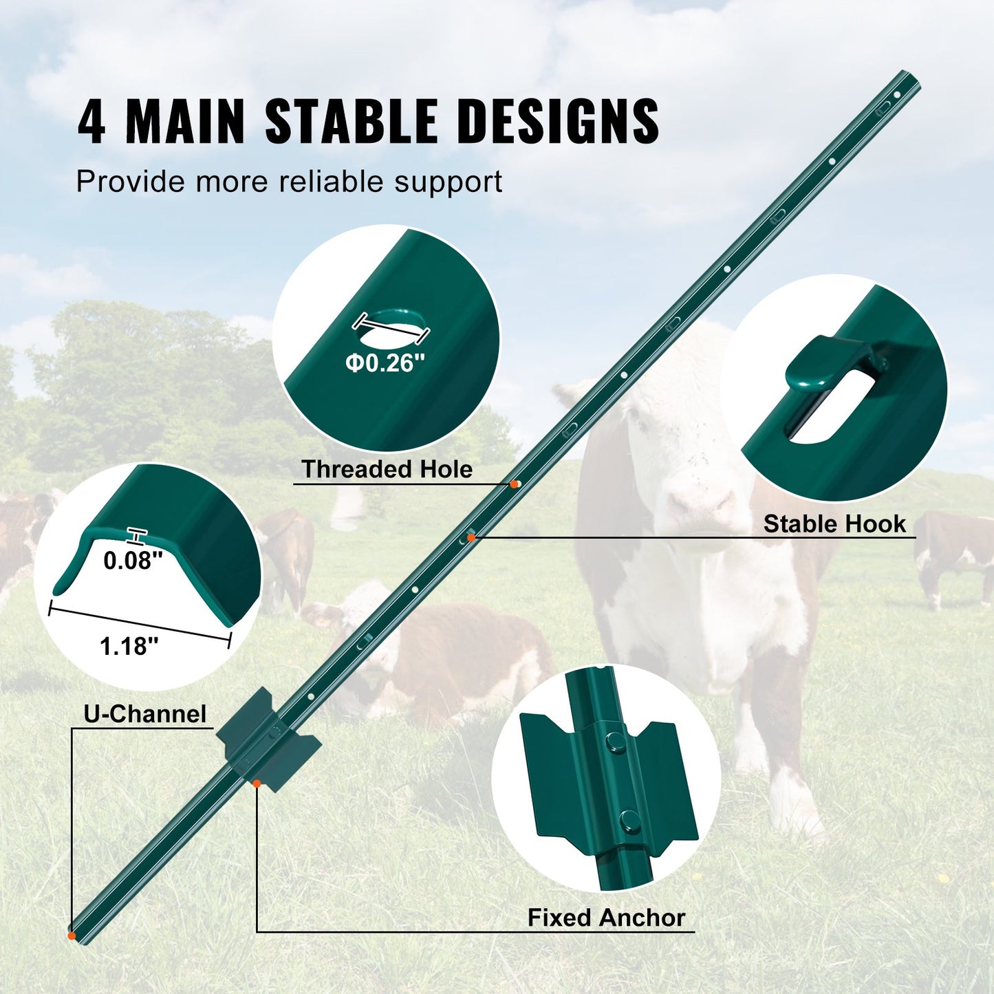 Heavy Duty 4 Feet Metal Fence Post Pack of 10 - Green Garden Fence Support