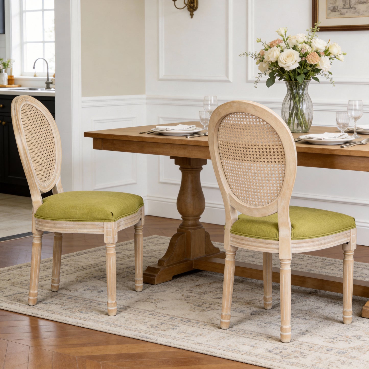French Country Dining Chairs Set of 2 - Upholstered Rattan Back - Green