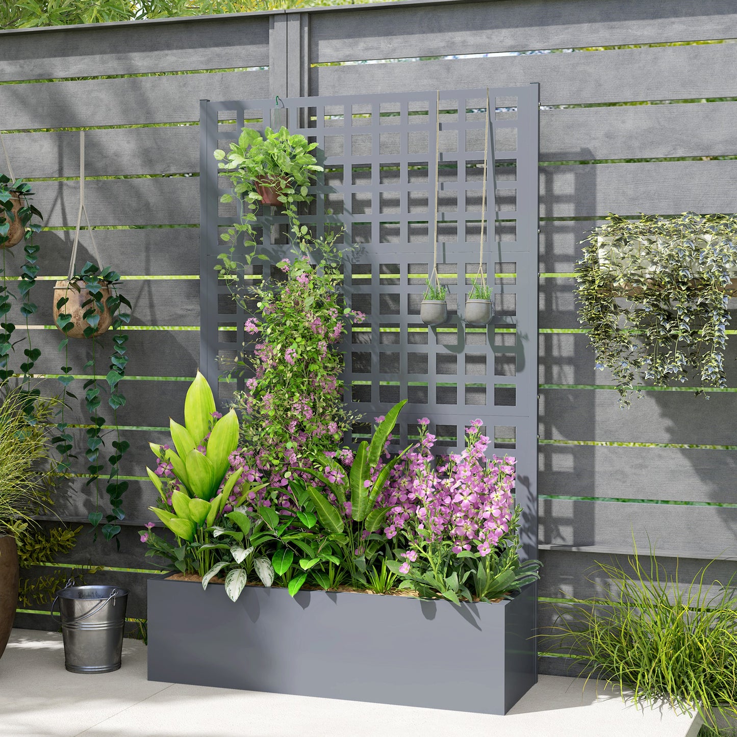 Galvanized Steel Raised Garden Bed with Trellis for Climbing Plants - 43x16x70 Inches, Gray