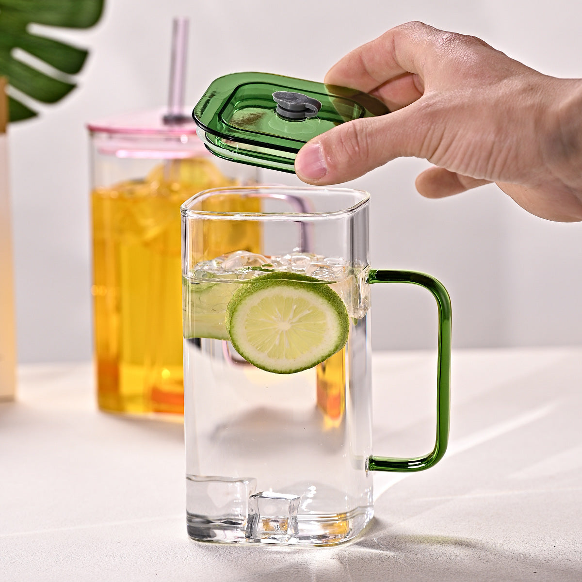 Green Square Glass Straw Cup - High Borosilicate Drinkware