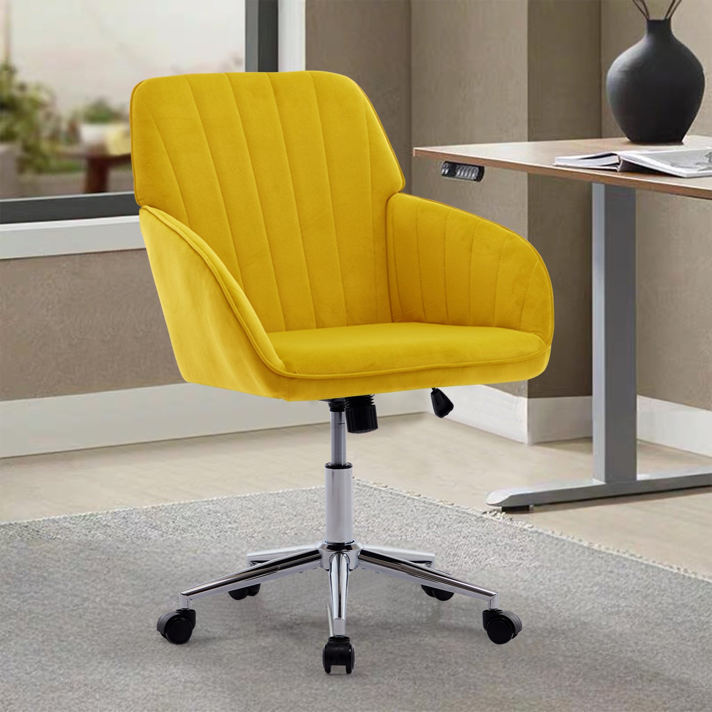 Bright Yellow Velvet Office Chair with Gold Base