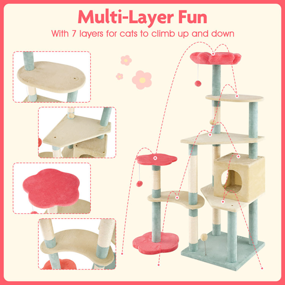 Multi-Level Cat Tree Tower with Flower-Shaped Perch and Scratching Posts - 61 Inch
