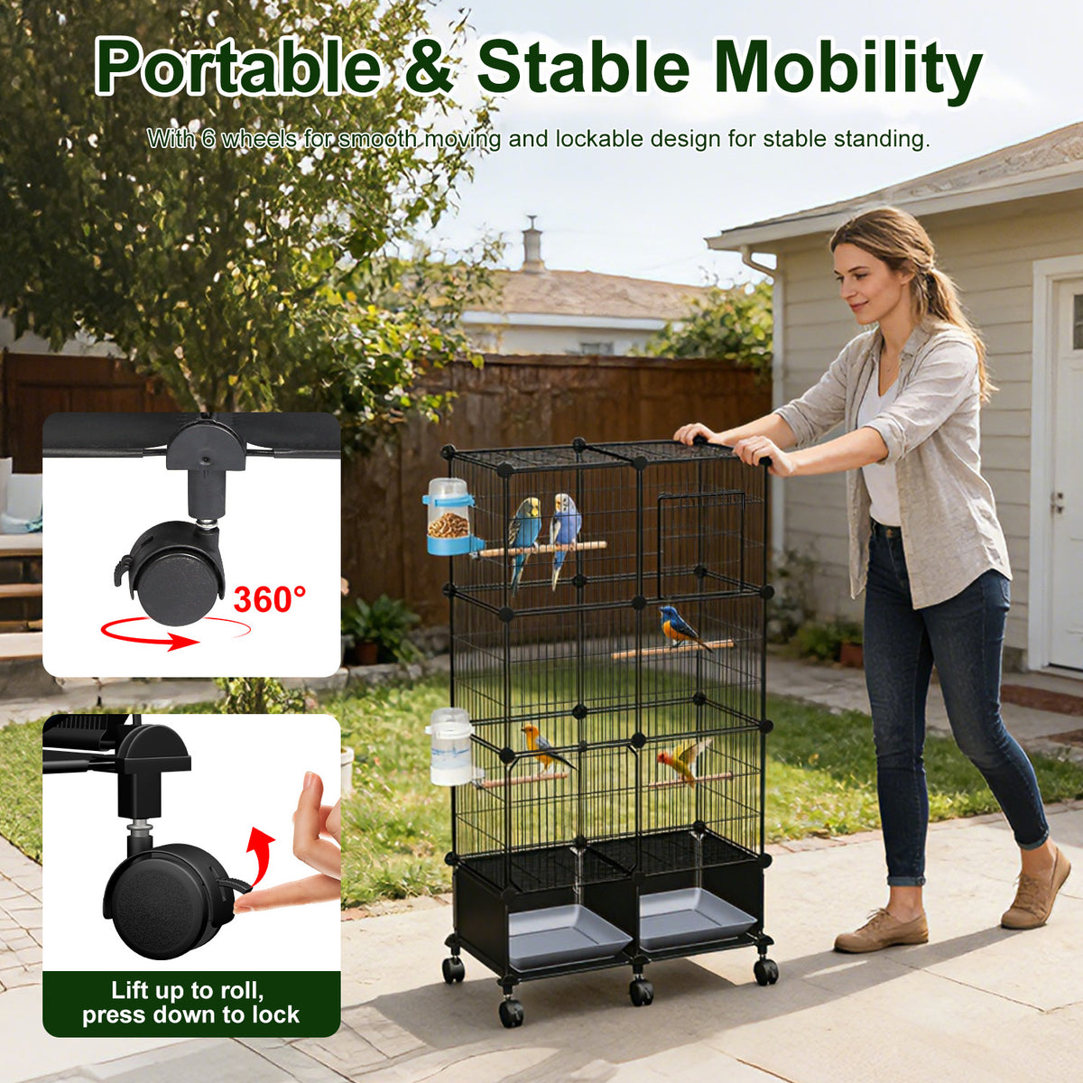 Spacious Bird Cage with Perches Water Bottles and Lockable Wheels for Small to Medium Birds