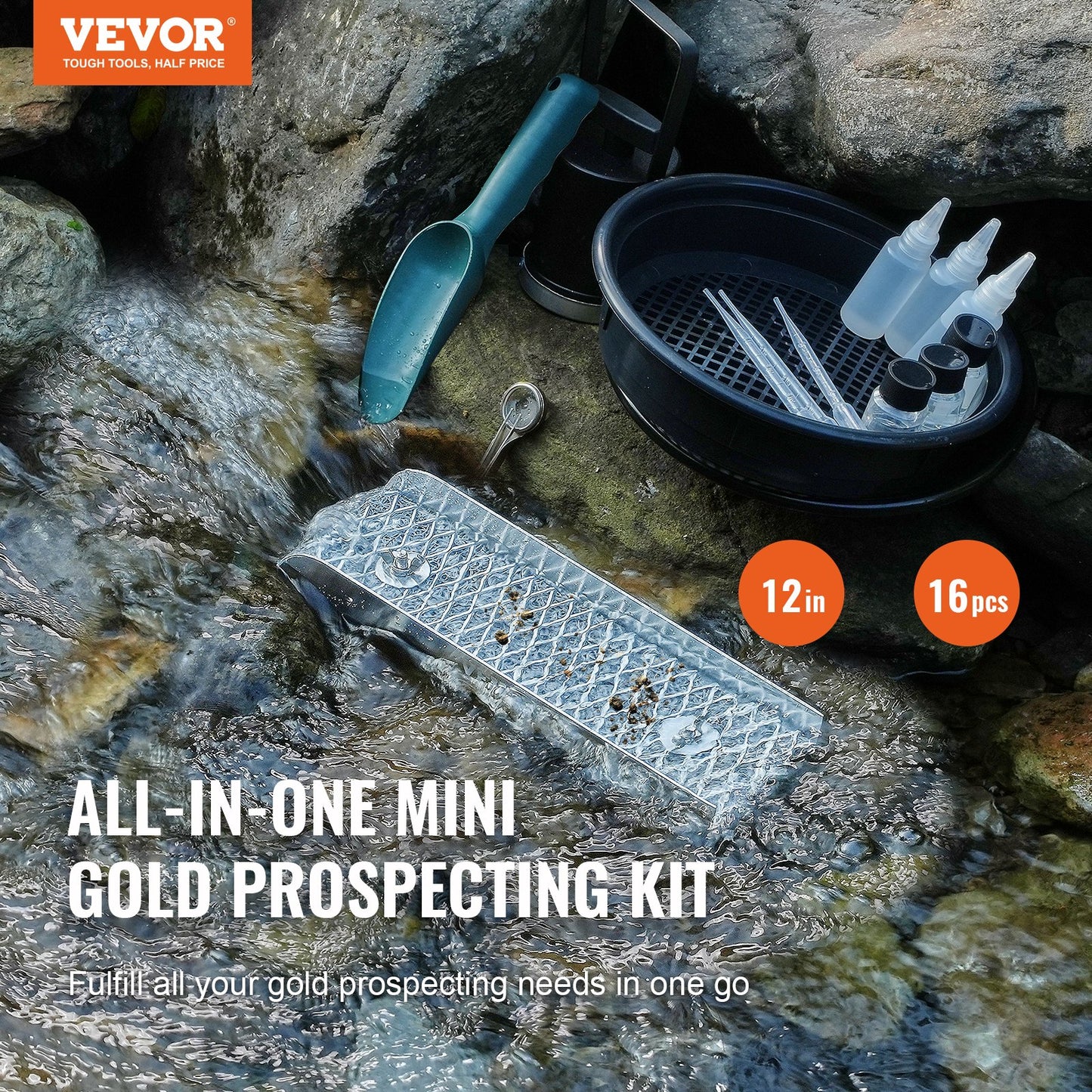 Mini Gold Panning Kit 16-Piece with Sluice Box, Classifier, Magnet & Backpack