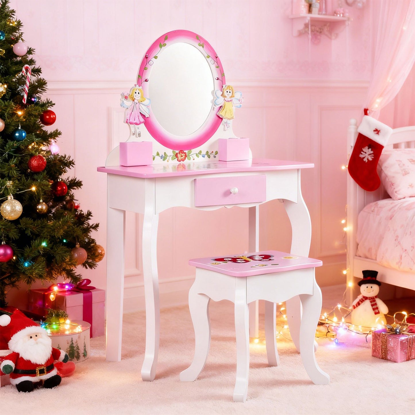 Kids Vanity Set Floral Printed Wooden Makeup Dressing Princess Table