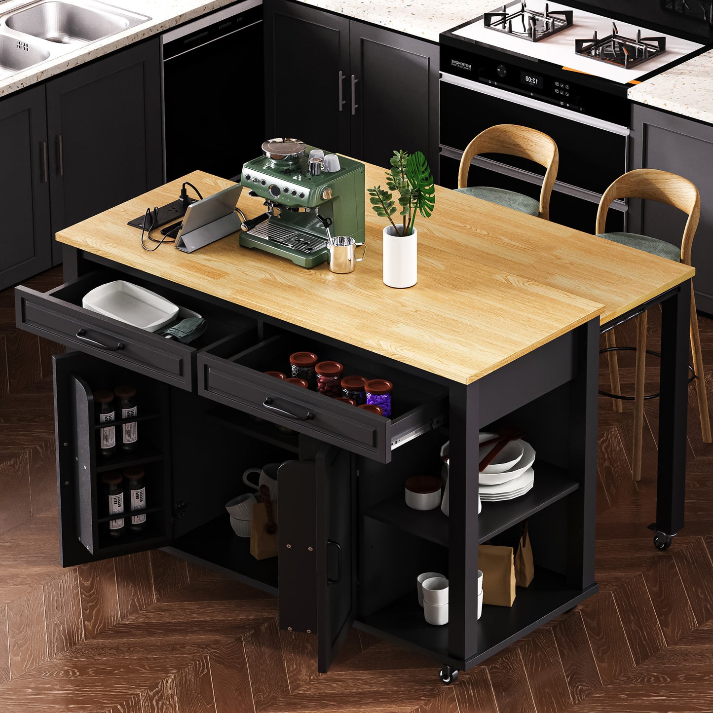 K&K 47 Inch Kitchen Island With Extendable Dining Table, Rubber Wood