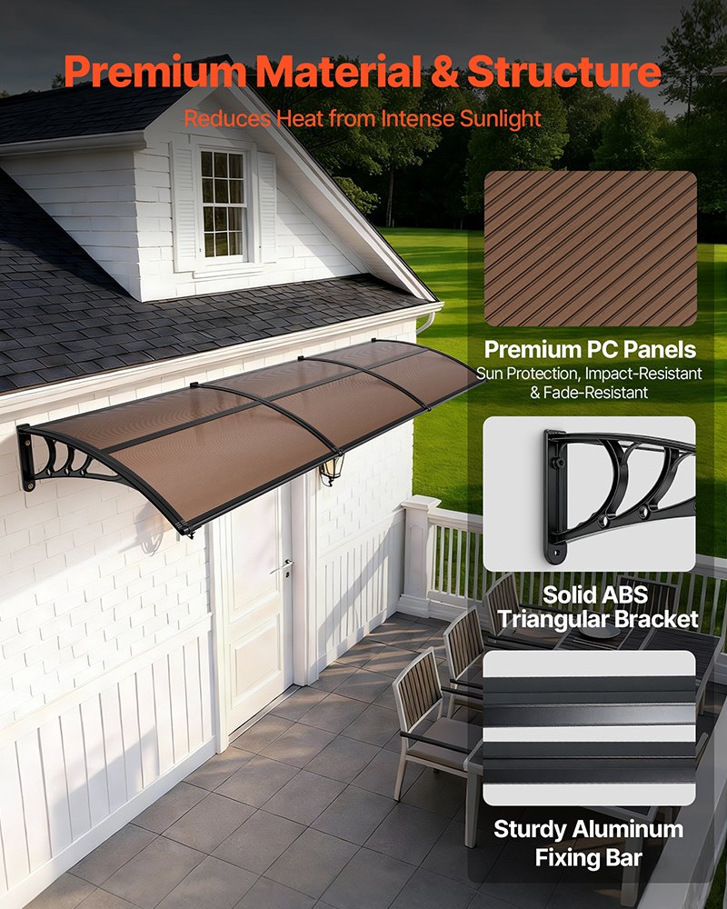 Black Polycarbonate Door Awning 38x117 Inches Rain Snow Sun Protection